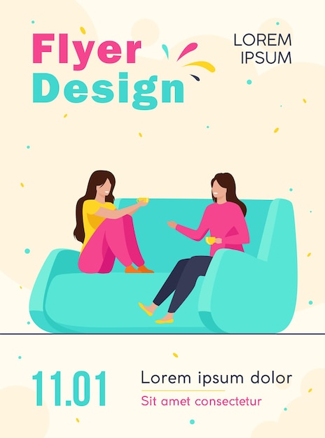 Free vector two female friends meeting and chatting at home flyer template