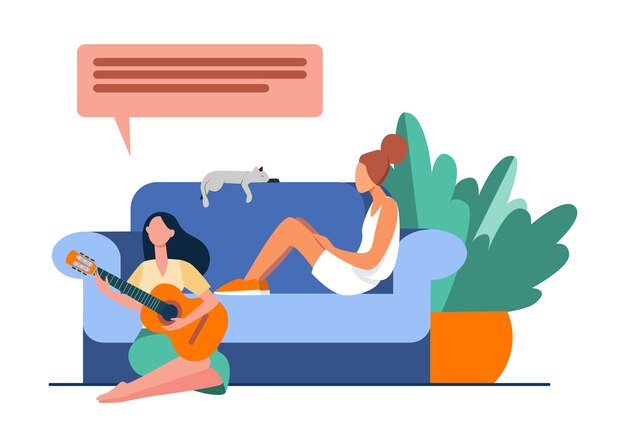 Two female friends meeting at home. Woman playing guitar and singing, giving support to depressed friend flat vector illustration. Friendship