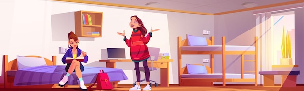 Free vector two female students speaking in dormitory bedroom