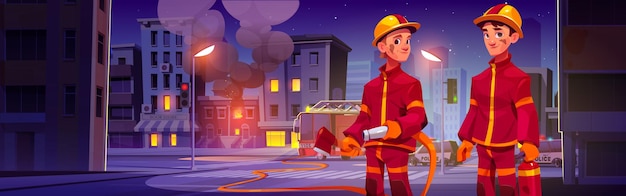 Free vector two firefighters in front of fire in city men in uniform and helmet with hose axe and extinguisher working to extinguish fire in house burning building in town and employees of emergency service