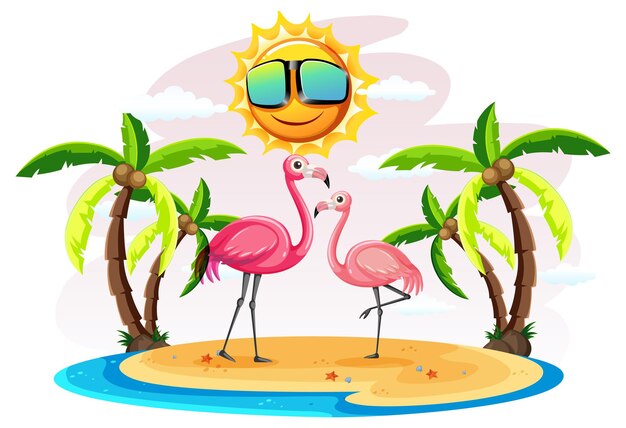 Two flamingos on the island isolated