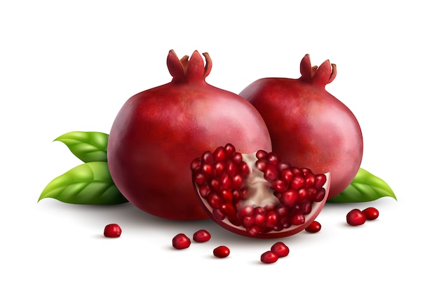 Two fresh ripe whole pomegranates with quarter part and strewn seeds appetizing closeup realistic composition