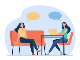 two friends talking, sitting and using laptop. speech bubble, chair, computer flat illustration