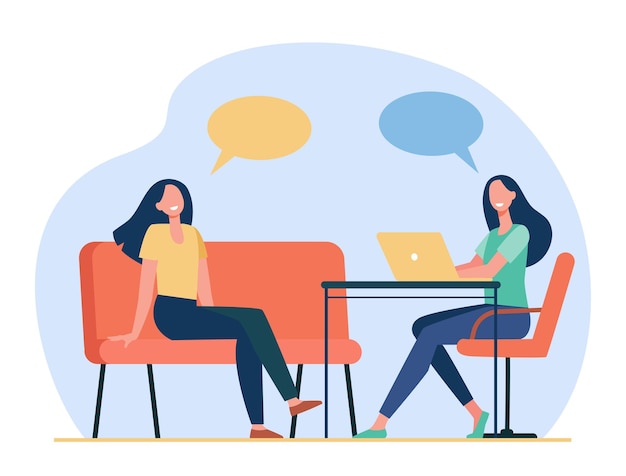 Two friends talking, sitting and using laptop. Speech bubble, chair, computer flat illustration