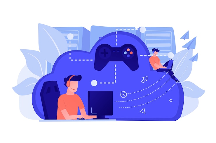 Free Vector two gamers playing computer connected with joystick. gaming on demand, video and file streaming, cloud technology, various devices gaming concept. vector isolated illustration.