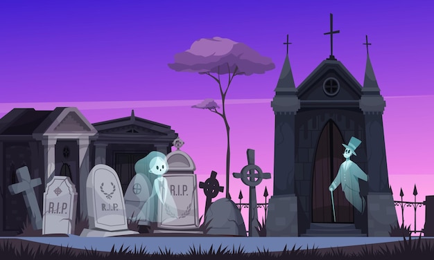 Two ghosts in old fashioned clothing walking along old cemetery at night