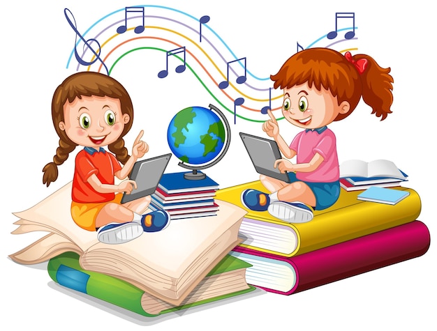 Free Vector two girl are reading books on a stack of books