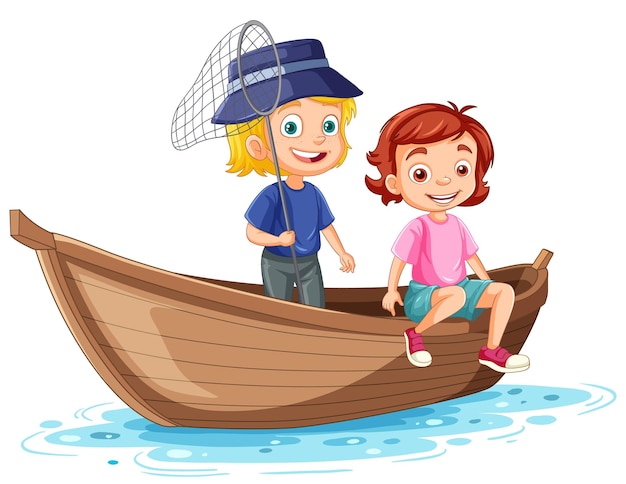 Free vector two girl fishing on a wooden boat