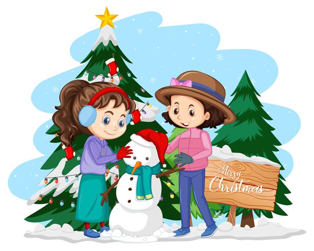 Two girls building a snowman in cartoon style