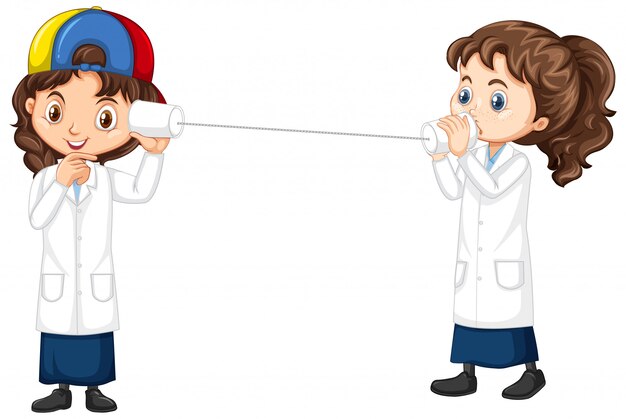 two girls experimenting sound wave on white background