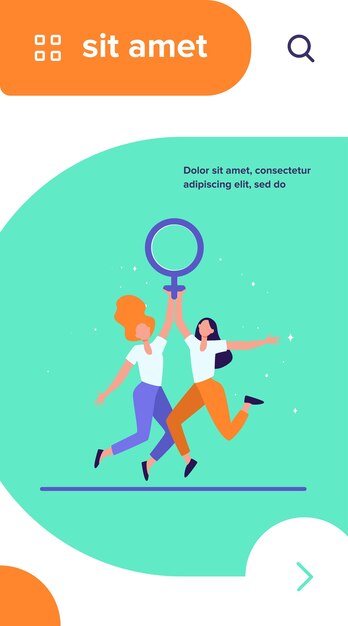 Two girls holding female symbol. Women with venus sign celebrating woman day flat vector illustration