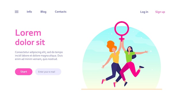 여성 상징을 들고 두 여자입니다. 여자의 날을 축 하하는 금성 기호를 가진 여자. 웹 사이트 디자인 또는 방문 웹 페이지에 대한 소녀 파워, 권한 부여, 페미니즘 개념