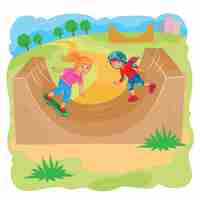 Free vector two girls ride using rollerblades and skateboard