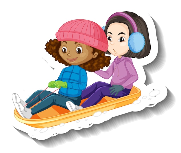 Free vector two girls sitting on snow sled cartoon character sticker