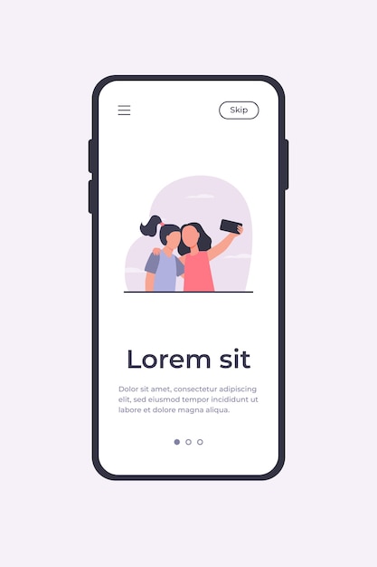 スマートフォンで自分撮りをしている2人の女の子。友人、電話、写真フラットベクトルイラスト。友情とデジタル技術の概念モバイルアプリテンプレート