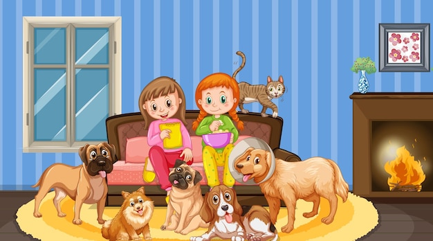 Two girls with many dogs in the living room