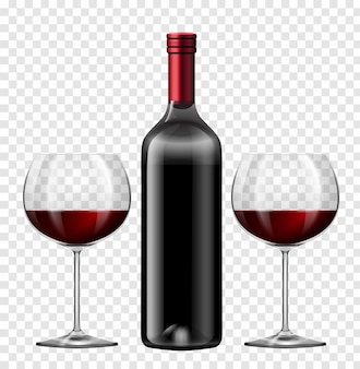 Two glasses of red wine and bottle of wine