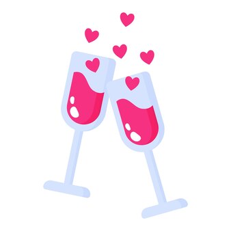 Two glasses with wine and champagne and hearts. wedding and valentine day concept.