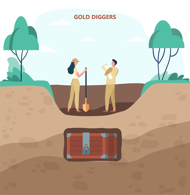 Free vector two gold diggers in search of treasures flat  illustration. cartoon man and woman with shovel and maps digging out treasure chest. gold, treasure hunt, golden fever concept