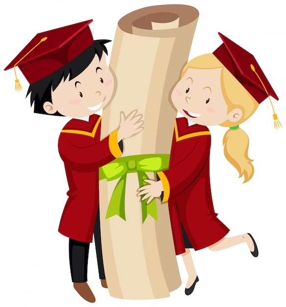 Free vector two graduated students holding giant degree