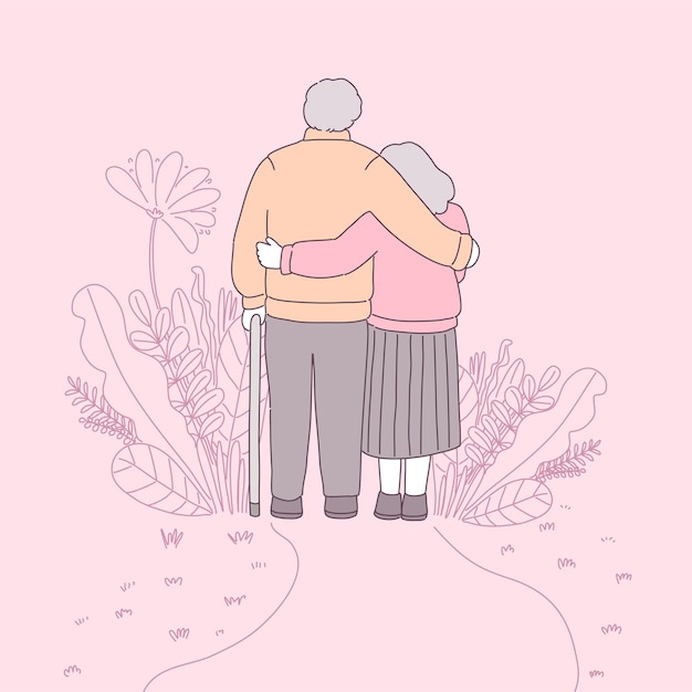 Free vector two grandparents, wearing long sleeves, walked together in a flower garden.