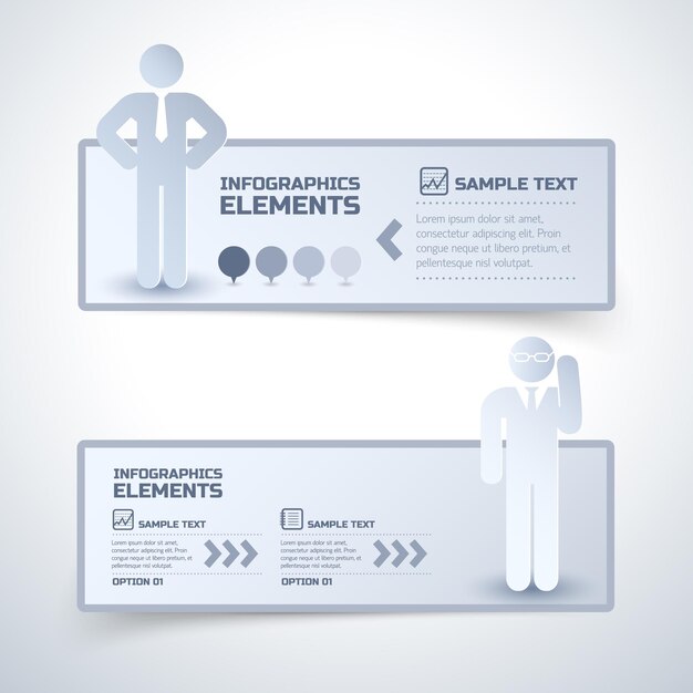 Two gray business banner set with figures of men and places for headline 