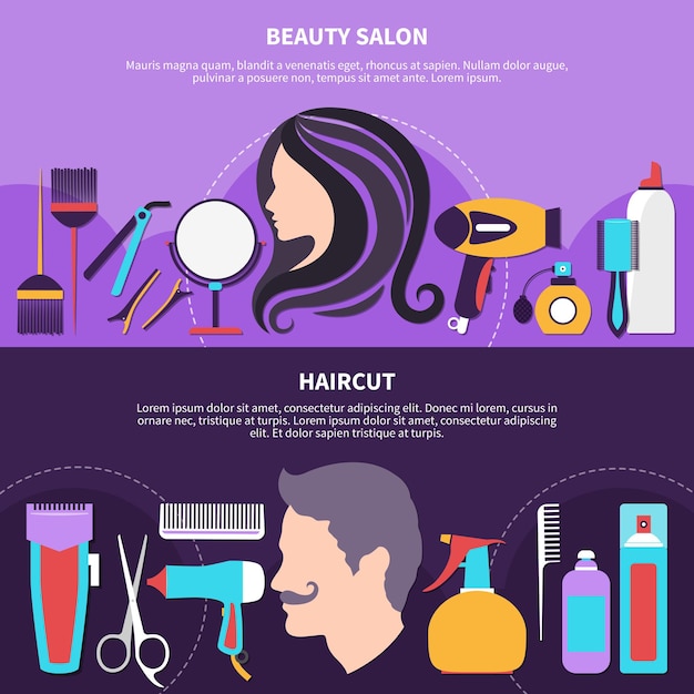 Two hairdresser flat composition with beauty salon and hairdresser headlines and place for text vector illustration