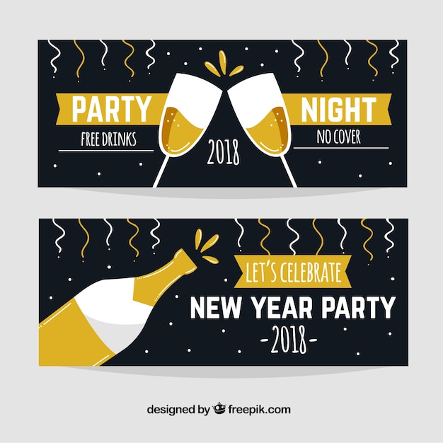 Two hand drawn new year party banners in black with champagne