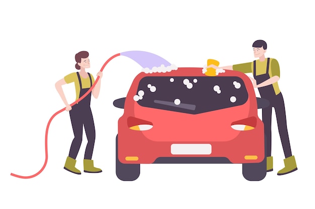 Two happy characters in uniform washing car with soap flat