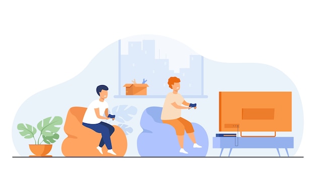 Бесплатное векторное изображение Два счастливых возбужденных подростка сидят на диване у телевизора с геймпадами и играют в видеоигры. векторная иллюстрация с героями мультфильмов для игр, юных геймеров, детей на досуге