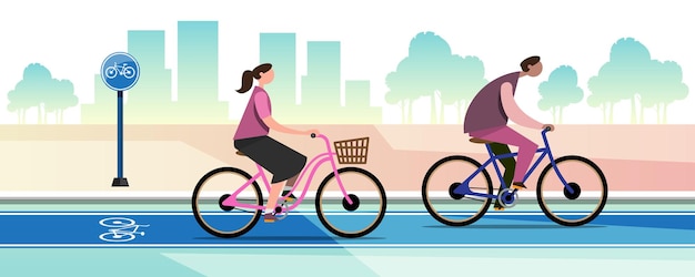 Две счастливые семьи катаются на велосипедах по велосипедной дорожке для отдыха. на полосах движения есть велосипедные дорожки для людей. дизайн плоской векторной иллюстрации