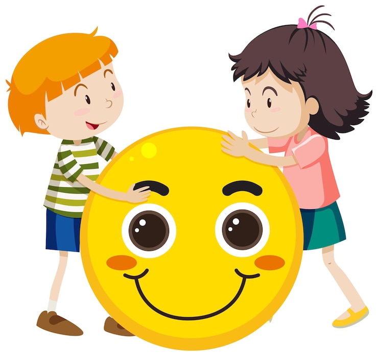 무료 Vector 큰 미소 이모티콘을 껴안고 있는 행복한 두 아이
