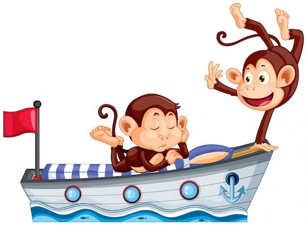 ボートのベッドの上の2つの幸せな猿