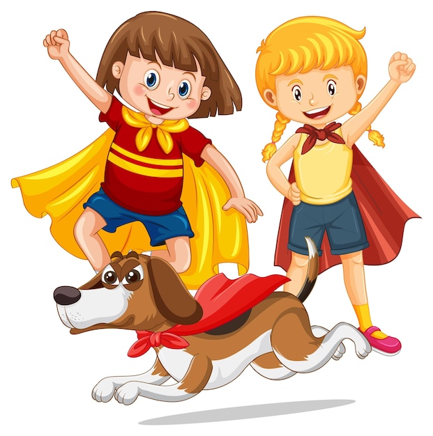 Free vector two hero kids and hero beagle dog cartoon