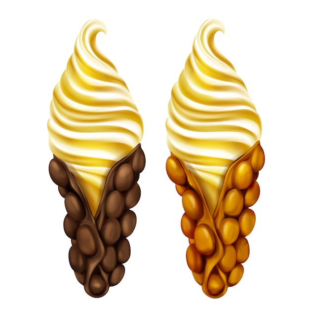 Free vector two hong kong egg bubble waffles filled with caramel ice cream 3d realistic