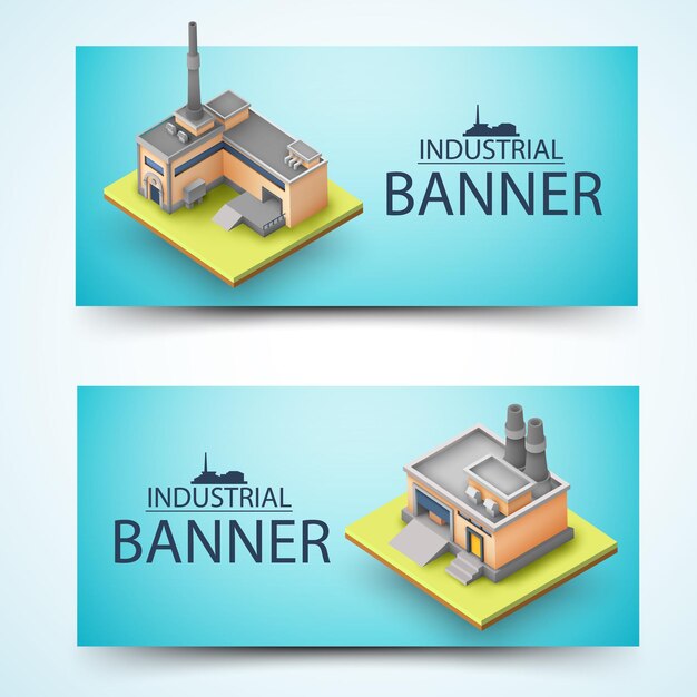 Two horizontal 3d yellow building banner set with industrial things on blue background 