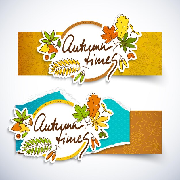 Two horizontal autumn times banner set for autumn sale with different colored leaves 