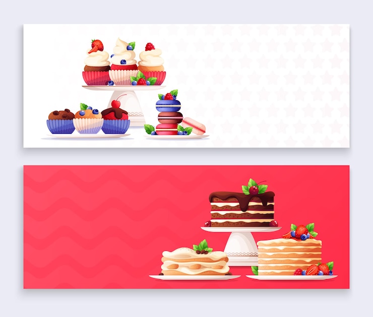 Free Vector two horizontal banners set with various desserts decorated with fresh berries and mint on white and red backgrounds flat isolated vector illustration
