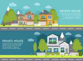 Free vector two horizontal colored and isolated urban landscape banner set with private house headlines