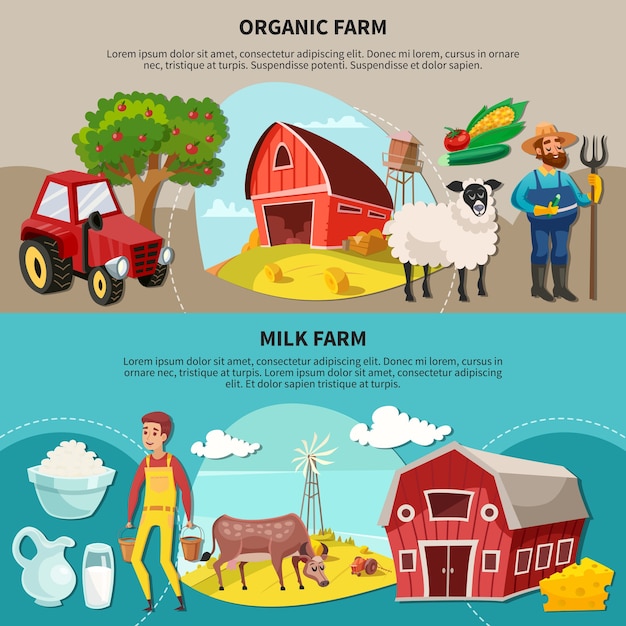 Free vector two horizontal farm cartoon composition set with organic and milk farm headlines