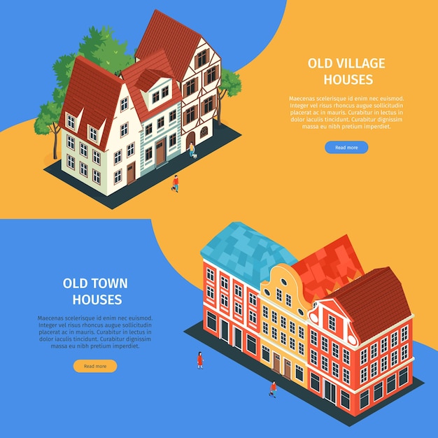 Free vector two horizontal isometric old town banner set