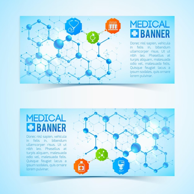 Бесплатное векторное изображение Коллекция двух горизонтальных медицинских баннеров с символами и знаками, лекарственными капсулами и атомными структурами