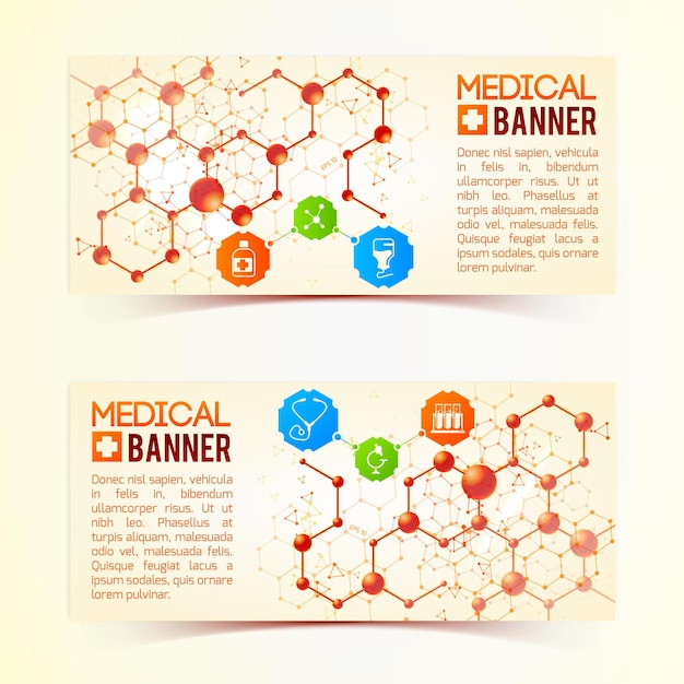 Two horizontal medical banners collection with symbols and atomic structures symbolizing life and health on the rose background illustration