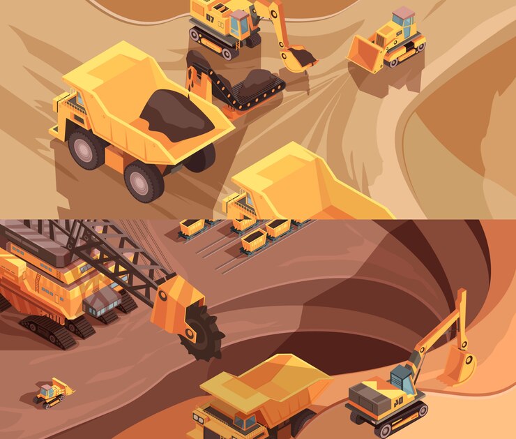 Free Vector two horizontal mining banners with extractive equipment 