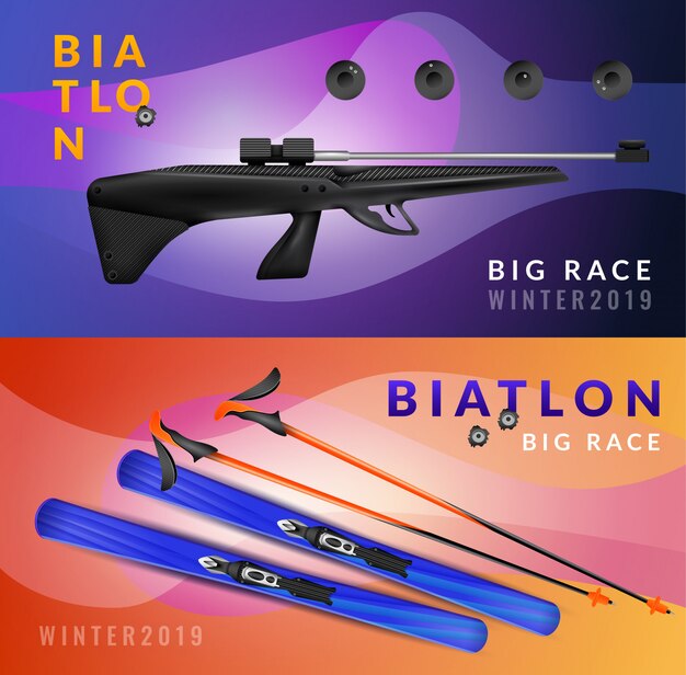 Two horizontal realistic biathlon banner set with big race winter and equipment