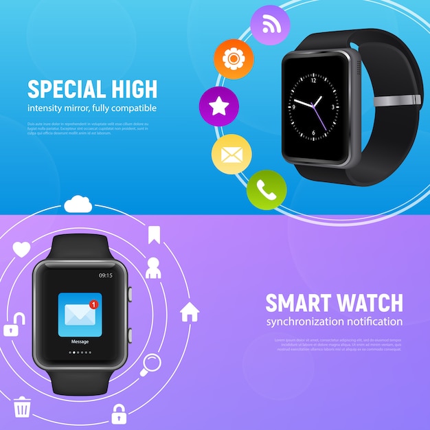 Two horizontal realistic smart watch banner set with special high and smart watch descriptions vector illustration