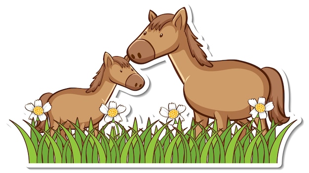Vettore gratuito adesivo di due cavalli in un campo in erba con molti fiori