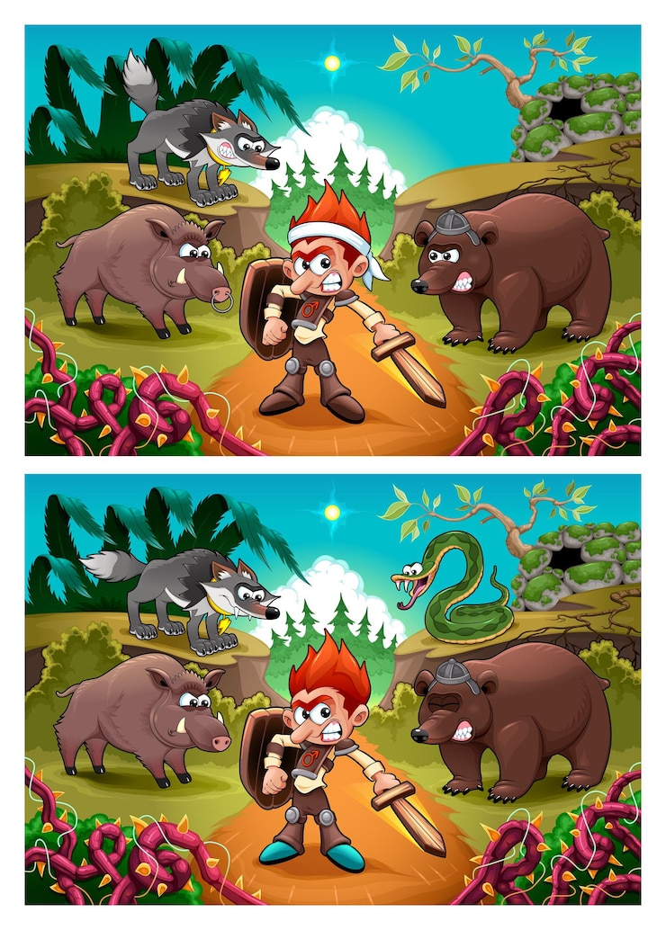 मुफ़्त वेक्टर two images with seven changes between them, vector and cartoon illustrations