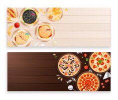 Two isolated horizontal banners with fast food on light and dark brown wooden surface background flat vector illustration
