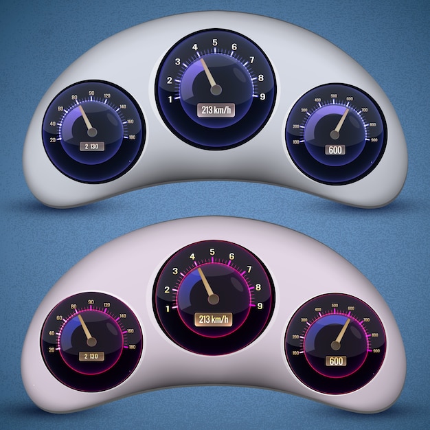 자동차 속도계에 세 개의 다이얼로 설정된 두 개의 격리 된 속도계 인터페이스